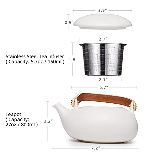ZENS Teapot with Infuser, Ceramic Japanese 2cup Teapot for Loose Leaf Tea, 800ml Small Matte White Porcelain Tea Pot Gift with Modern Bentwood Handle - Image 3