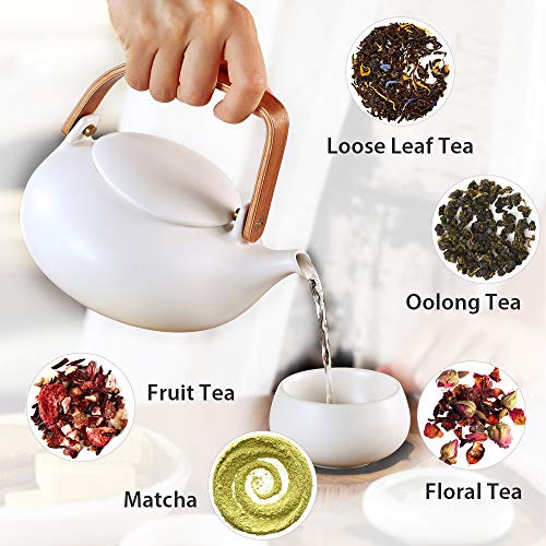 ZENS Teapot with Infuser, Ceramic Japanese 2cup Teapot for Loose Leaf Tea, 800ml Small Matte White Porcelain Tea Pot Gift with Modern Bentwood Handle - Image 4