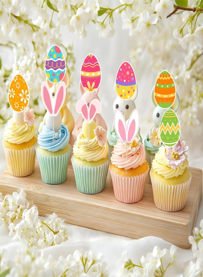 wuhuzsm 36pcs Easter Cupcake Toppers, 12 Kinds Easter Cake Topper Decorations, Paper Colorful Easter Eggs Bunny Ears Cake Topper Decor, Single Sided Printing Spring Party Decoration - Image 3