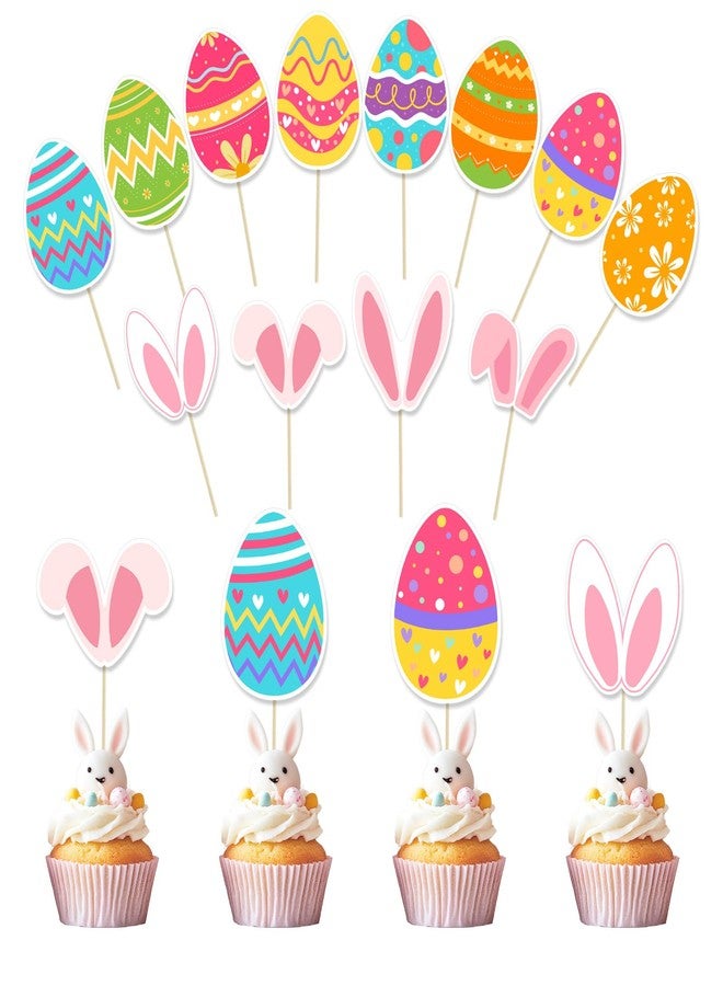 wuhuzsm 36pcs Easter Cupcake Toppers, 12 Kinds Easter Cake Topper Decorations, Paper Colorful Easter Eggs Bunny Ears Cake Topper Decor, Single Sided Printing Spring Party Decoration - Image 1