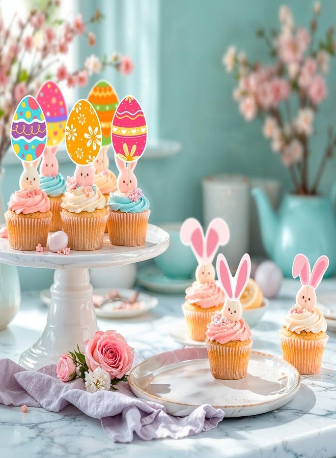 wuhuzsm 36pcs Easter Cupcake Toppers, 12 Kinds Easter Cake Topper Decorations, Paper Colorful Easter Eggs Bunny Ears Cake Topper Decor, Single Sided Printing Spring Party Decoration - Image 4