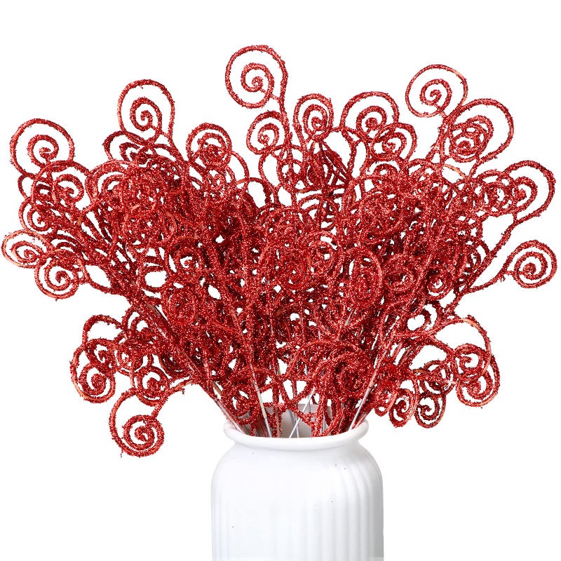 Ysleen 50 Pcs Glitter Tree Picks and Sprays Twigs Artificial Curly Stem Picks Ornaments 12 Inch Branches Sticks for Wreath Vase Fillers Gift DecorationRed