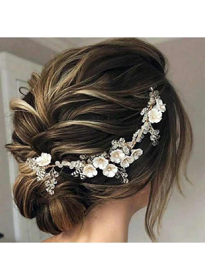 JONKY Flower Hair Vine Rhinestone Hair Piece Gold Headbands Bridal Headpieces Wedding Hair Accessories for Bride and Bridesmaid (A-Gold)  - Image 1