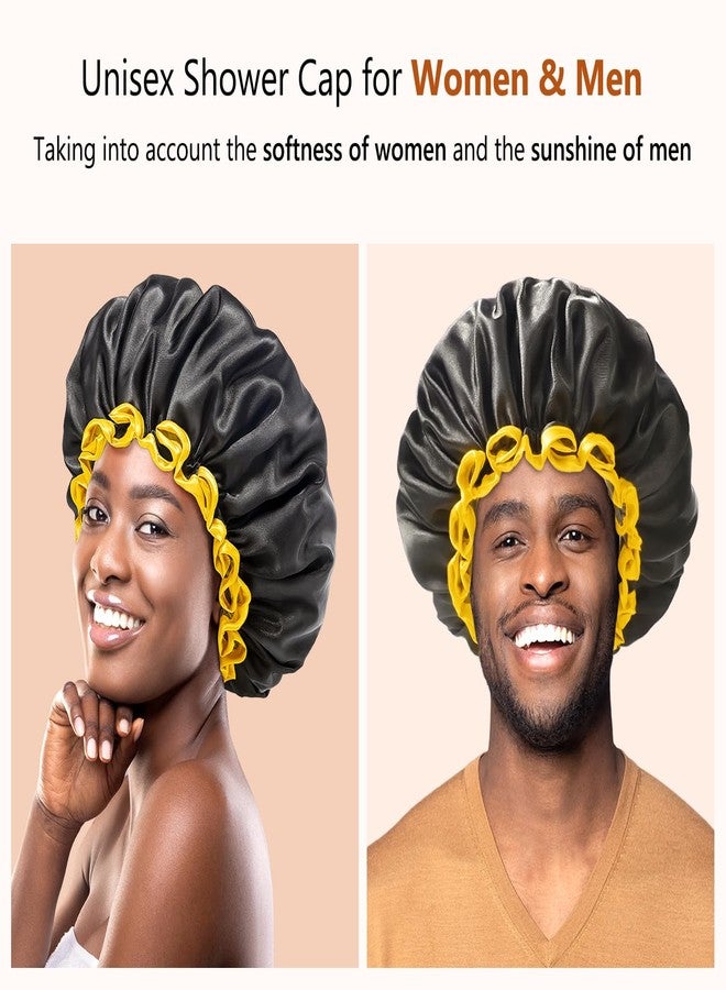 mikimini Extra Large Black Shower Cap for Women and Men Thick Long Hair Braids, Reusable Waterproof Double Layers XL Bathing Hair Caps with Vibrant Yellow Edge (Black) - Image 2