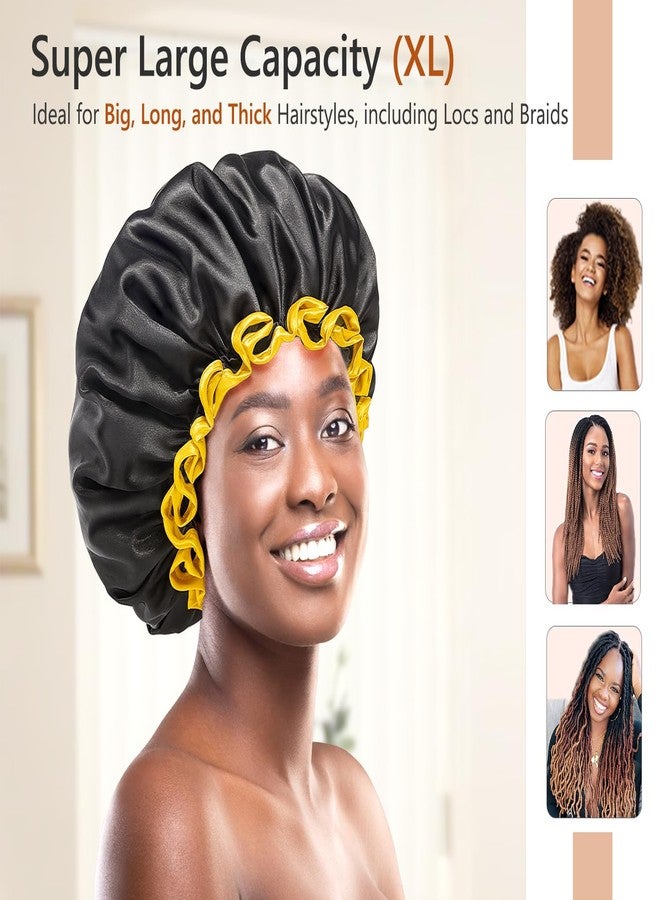 mikimini Extra Large Black Shower Cap for Women and Men Thick Long Hair Braids, Reusable Waterproof Double Layers XL Bathing Hair Caps with Vibrant Yellow Edge (Black) - Image 3