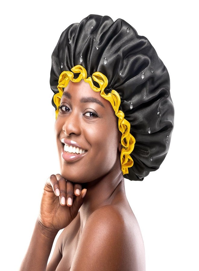 mikimini Extra Large Black Shower Cap for Women and Men Thick Long Hair Braids, Reusable Waterproof Double Layers XL Bathing Hair Caps with Vibrant Yellow Edge (Black) - Image 1
