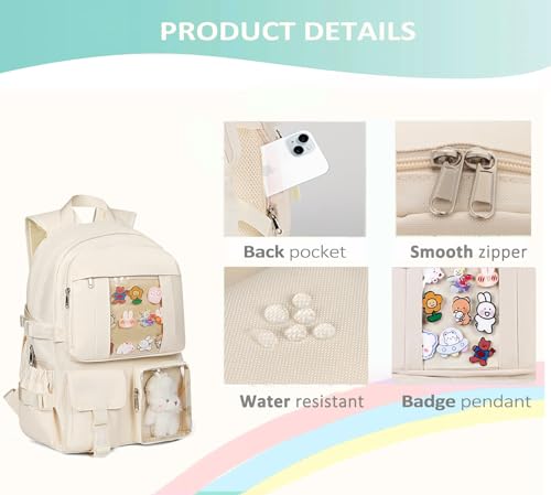 PRLINJSK Kawaii Backpack for Teen Girls, Cute Aesthetic High Middle School College Bookbag with Accessories, Purple - Image 5