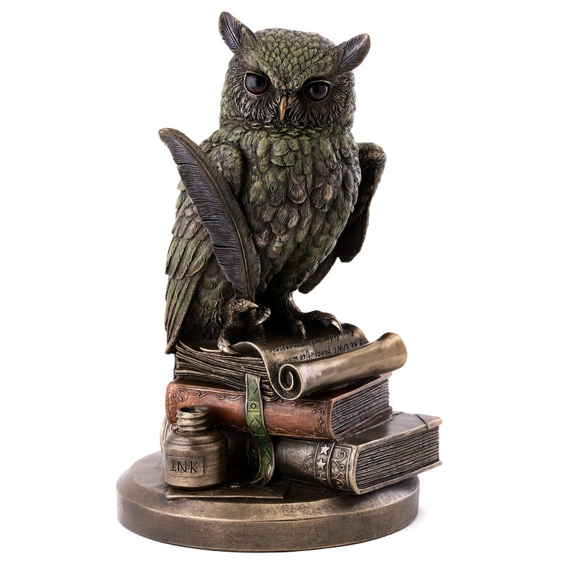 Top Collection Eagle Owl on Books Statue  Owl of Wisdom and Knowledge with Feather Pen and Ink Sculpture in Premium Cold Cast Bronze  875Inch Collectible Animal Figurine