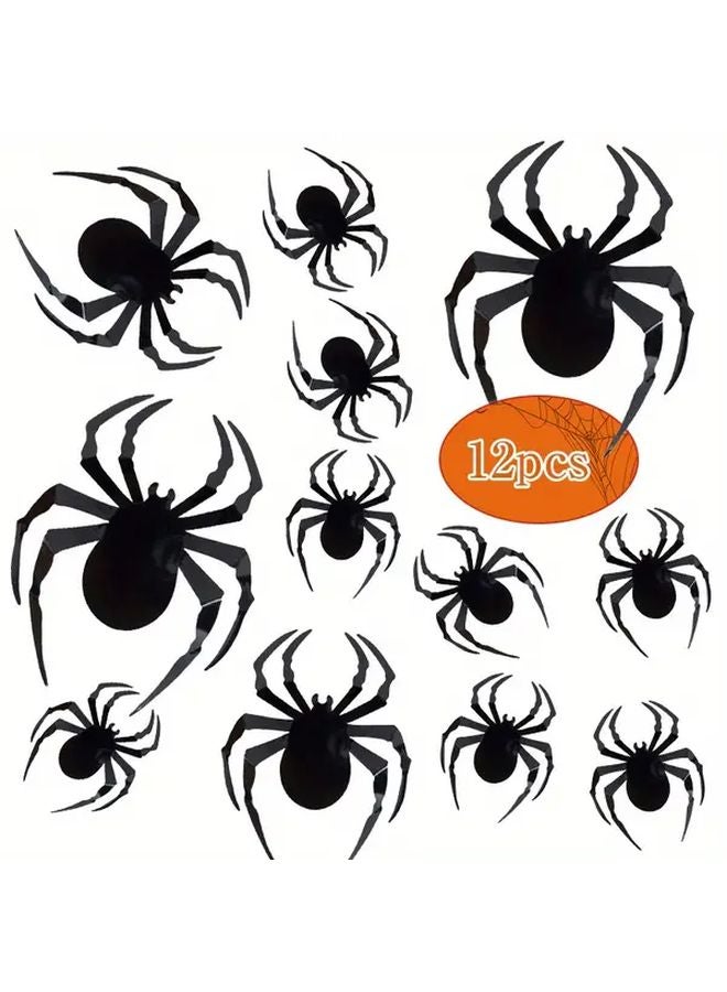 12Pcs 3D Black Spider Wall Stickers Self Adhesive Matte Finish Round Plastic Decals - Image 1