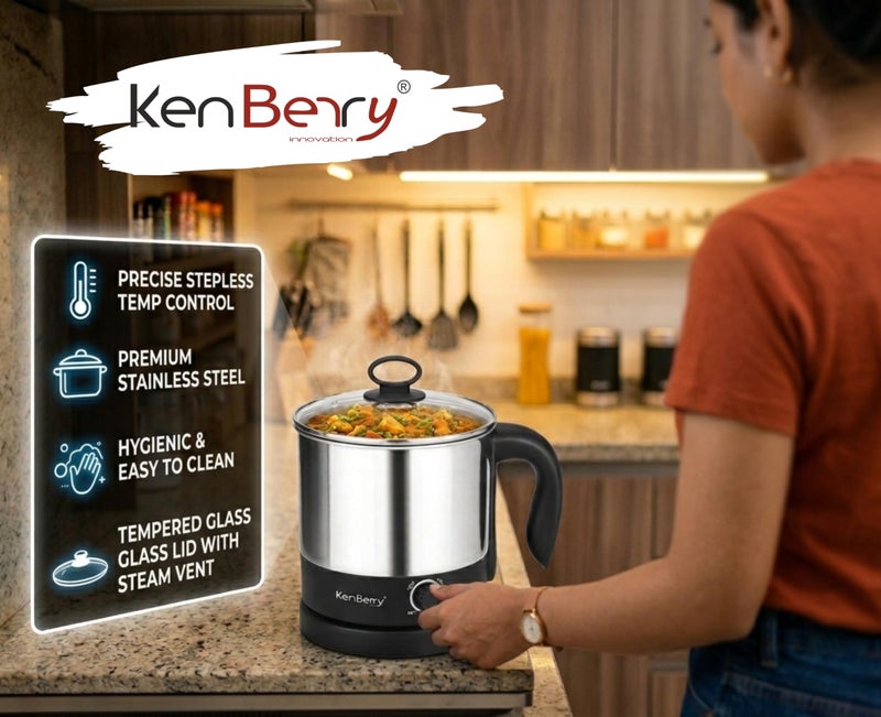 KenBerry Handy Cook Multipurpose Stainless Steel Electric Kettle | Multi Kettle | Multi Cooker | Travel Kettle | Make Infant Food, Instant Food, Tea, (1.5 L, Steel), 600 Watts - Image 2