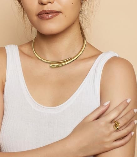 WOWORAMA Chunky Gold Cuff Choker Necklaces for Women Teardrop Choker Collar Necklace Spring Open Cuff Necklace Statement Metal Collar Choker Necklaces - Image 5