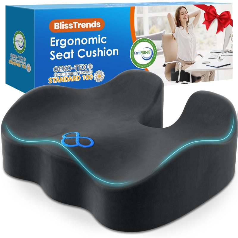 BlissTrends Seat Cushion,Thick Memory Foam Cushions for Office Chair, Car Seat, Airplane, Relieving Pressure Tailbone Sciatica Back Pain for Long Sitting Office Workers, Car Drivers 4.7in Thick Grey - Image 1