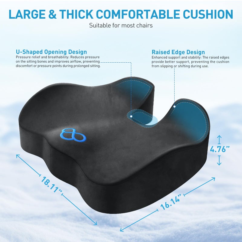 BlissTrends Seat Cushion,Thick Memory Foam Cushions for Office Chair, Car Seat, Airplane, Relieving Pressure Tailbone Sciatica Back Pain for Long Sitting Office Workers, Car Drivers 4.7in Thick Grey - Image 2
