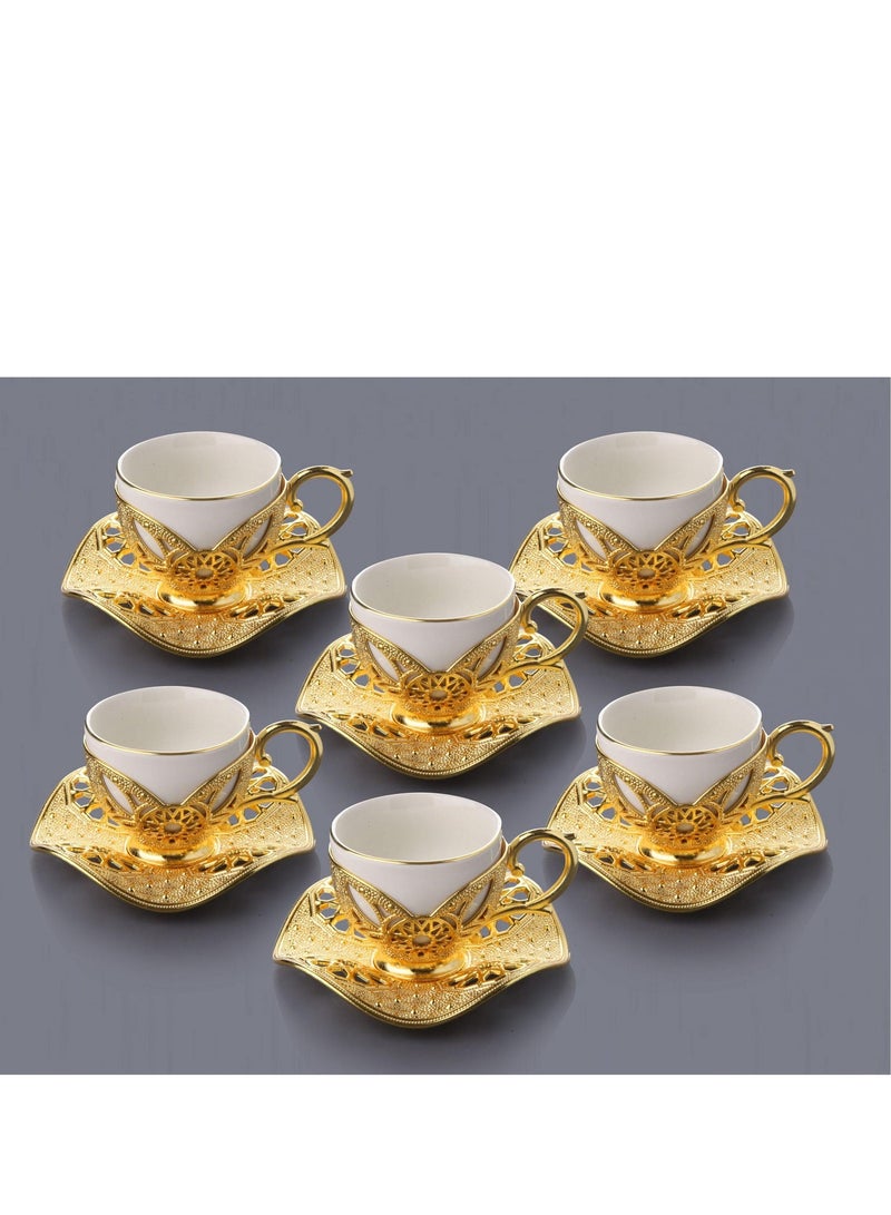 Busem Elegant Turkish Coffee Set of 6 White Porcelain Cups with Holders and Twisted Gold Copper Saucers – Made in Türkiye - Image 1