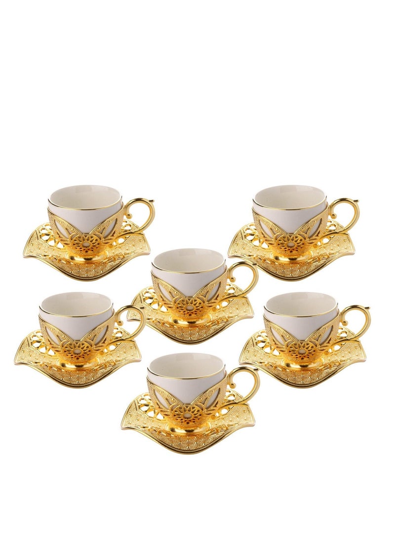 Busem Elegant Turkish Coffee Set of 6 White Porcelain Cups with Holders and Twisted Gold Copper Saucers – Made in Türkiye - Image 3