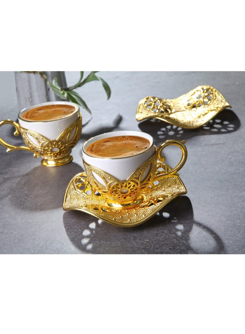 Busem Elegant Turkish Coffee Set of 6 White Porcelain Cups with Holders and Twisted Gold Copper Saucers – Made in Türkiye - Image 2