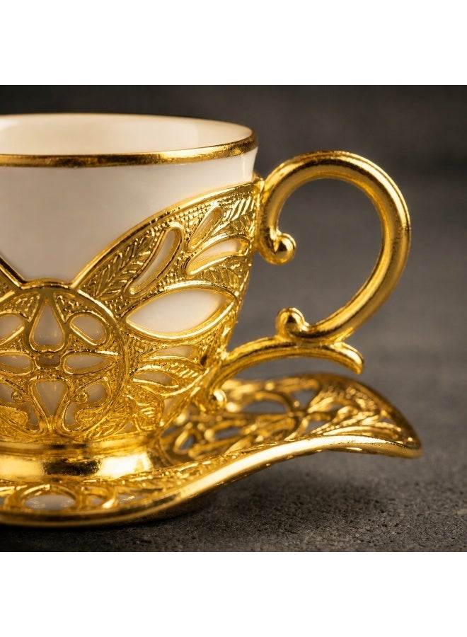 Busem Elegant Turkish Coffee Set of 6 White Porcelain Cups with Holders and Twisted Gold Copper Saucers – Made in Türkiye - Image 4