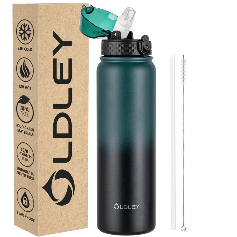 OLDLEY Stainless Steel Water Bottle with Straw 1L Vaccum Insulated Large Drink Flask Metal Water Bottles 1 Litre Leakproof Keep Drinks Hot Cold for Sports Gym Adult Women MenGreen Black 1 Lid