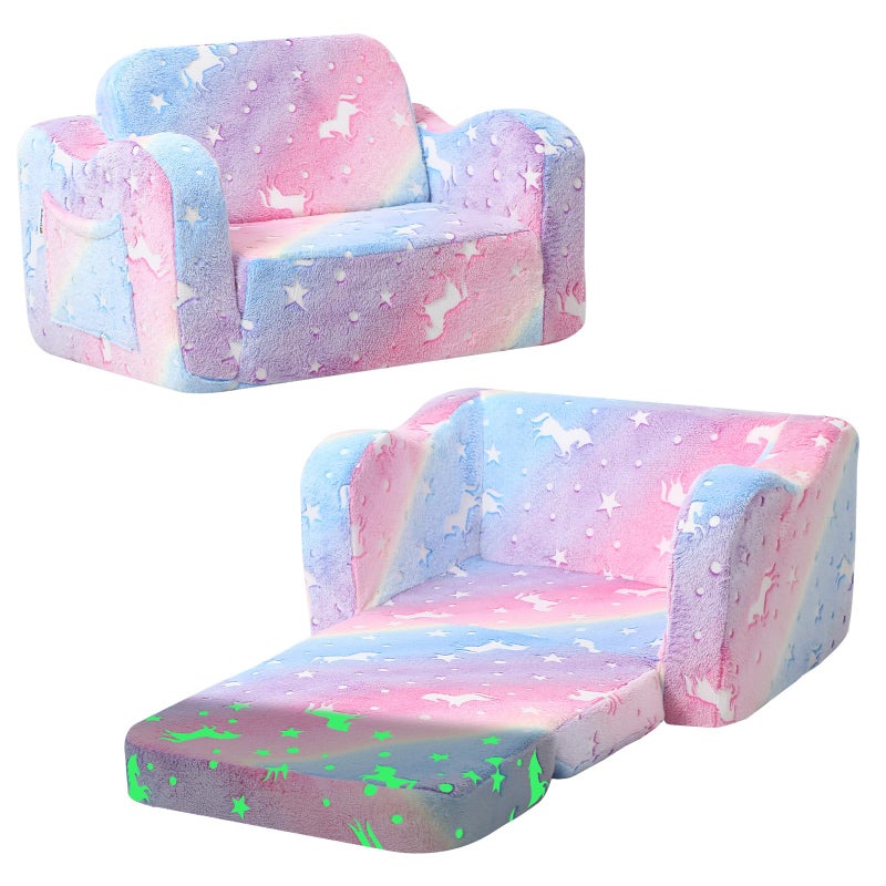 MeMoreCool Glowing Rainbow Unicorn Kids Chair - Convertible 2-in-1 Fold-Out Kids Couch for Girls, Glow-in-the-Dark Plush Sofa with Washable Cover, Soft Foam Lounge Seat for Playroom and Reading - Image 1