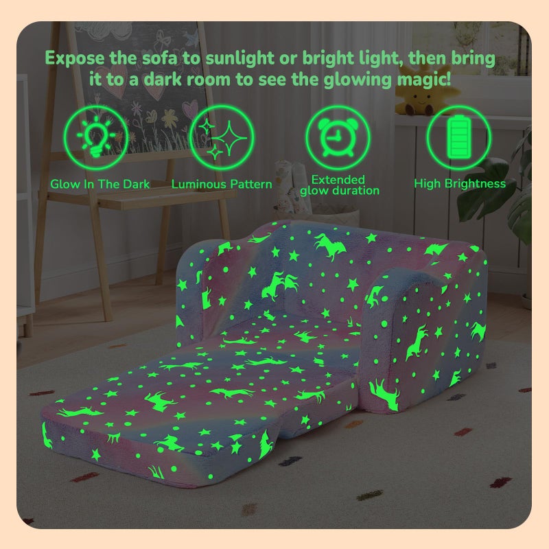 MeMoreCool Glowing Rainbow Unicorn Kids Chair - Convertible 2-in-1 Fold-Out Kids Couch for Girls, Glow-in-the-Dark Plush Sofa with Washable Cover, Soft Foam Lounge Seat for Playroom and Reading - Image 4