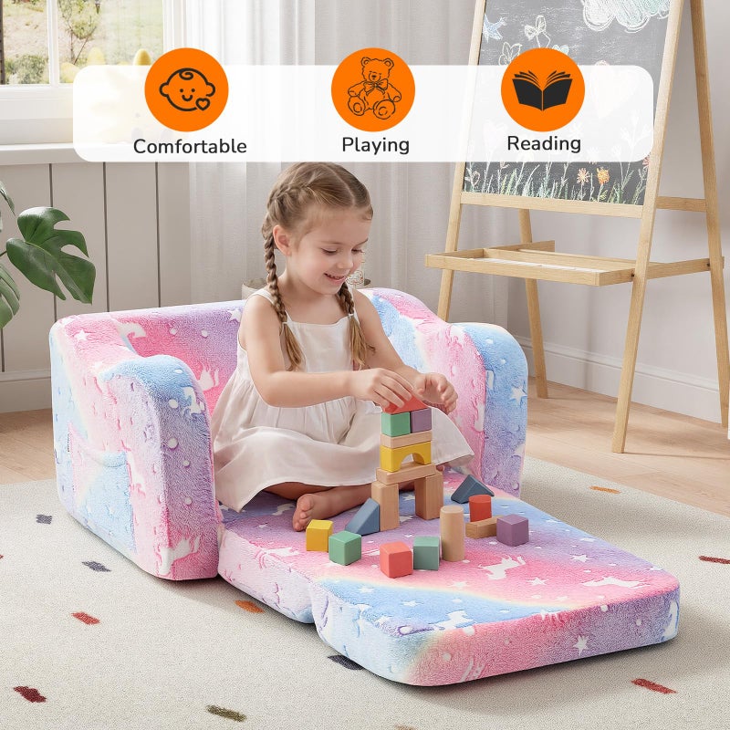 MeMoreCool Glowing Rainbow Unicorn Kids Chair - Convertible 2-in-1 Fold-Out Kids Couch for Girls, Glow-in-the-Dark Plush Sofa with Washable Cover, Soft Foam Lounge Seat for Playroom and Reading - Image 2