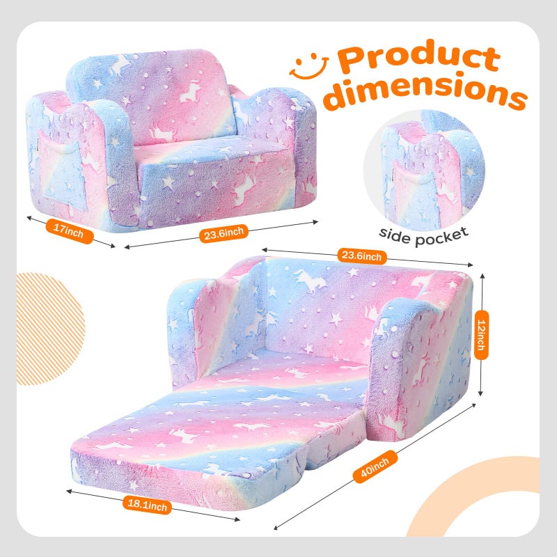 MeMoreCool Glowing Rainbow Unicorn Kids Chair - Convertible 2-in-1 Fold-Out Kids Couch for Girls, Glow-in-the-Dark Plush Sofa with Washable Cover, Soft Foam Lounge Seat for Playroom and Reading - Image 3