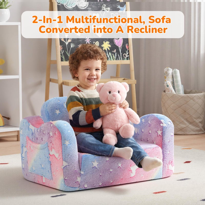 MeMoreCool Glowing Rainbow Unicorn Kids Chair - Convertible 2-in-1 Fold-Out Kids Couch for Girls, Glow-in-the-Dark Plush Sofa with Washable Cover, Soft Foam Lounge Seat for Playroom and Reading - Image 5