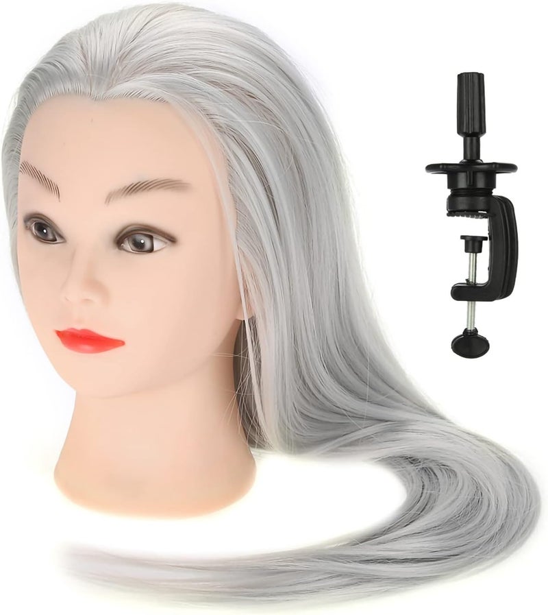 Practice Head Mannequin Doll with 66cm Thick Hair, Training Head for Cosmetology Students, High Temp Fiber and 30% Human Hair Blend, Dark Gray or Light Gray, Includes Table Clamp (ET-172#) - Image 3