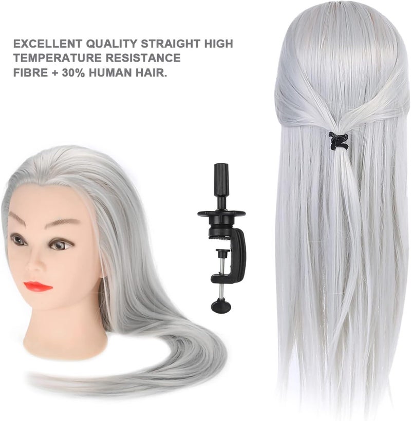Practice Head Mannequin Doll with 66cm Thick Hair, Training Head for Cosmetology Students, High Temp Fiber and 30% Human Hair Blend, Dark Gray or Light Gray, Includes Table Clamp (ET-172#) - Image 4