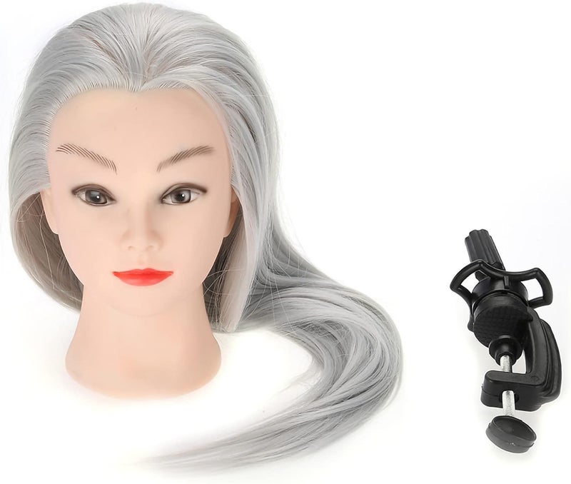 Practice Head Mannequin Doll with 66cm Thick Hair, Training Head for Cosmetology Students, High Temp Fiber and 30% Human Hair Blend, Dark Gray or Light Gray, Includes Table Clamp (ET-172#) - Image 1