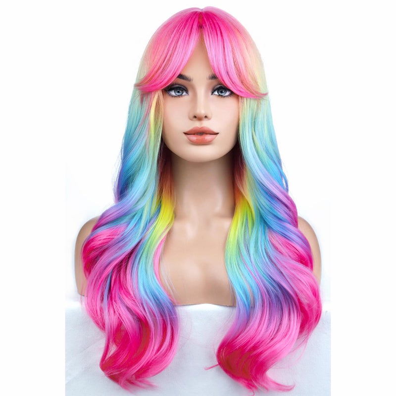 BERON Rainbow Ombre Wigs Long Wavy Wig for Women with Bangs Colorful Ombre Costume Curly Heat Resistant Synthetic Hair Wigs for Cosplay or Daily - Image 1