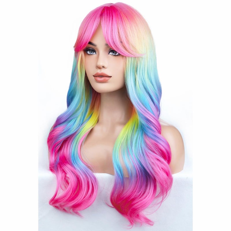 BERON Rainbow Ombre Wigs Long Wavy Wig for Women with Bangs Colorful Ombre Costume Curly Heat Resistant Synthetic Hair Wigs for Cosplay or Daily - Image 2