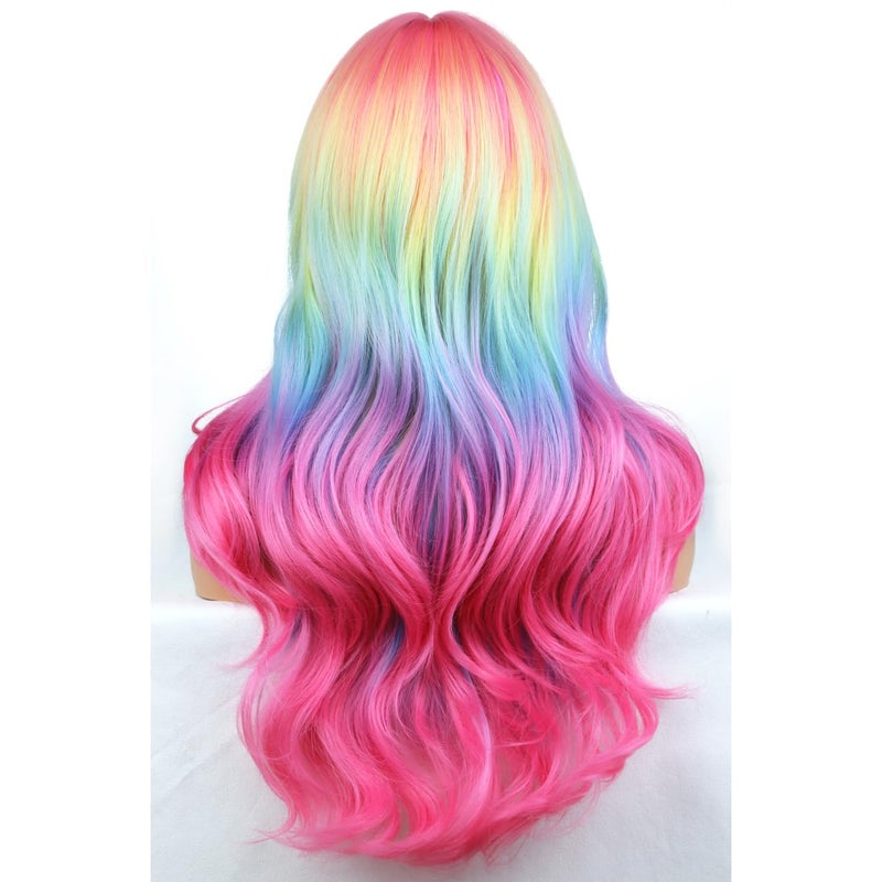 BERON Rainbow Ombre Wigs Long Wavy Wig for Women with Bangs Colorful Ombre Costume Curly Heat Resistant Synthetic Hair Wigs for Cosplay or Daily - Image 4