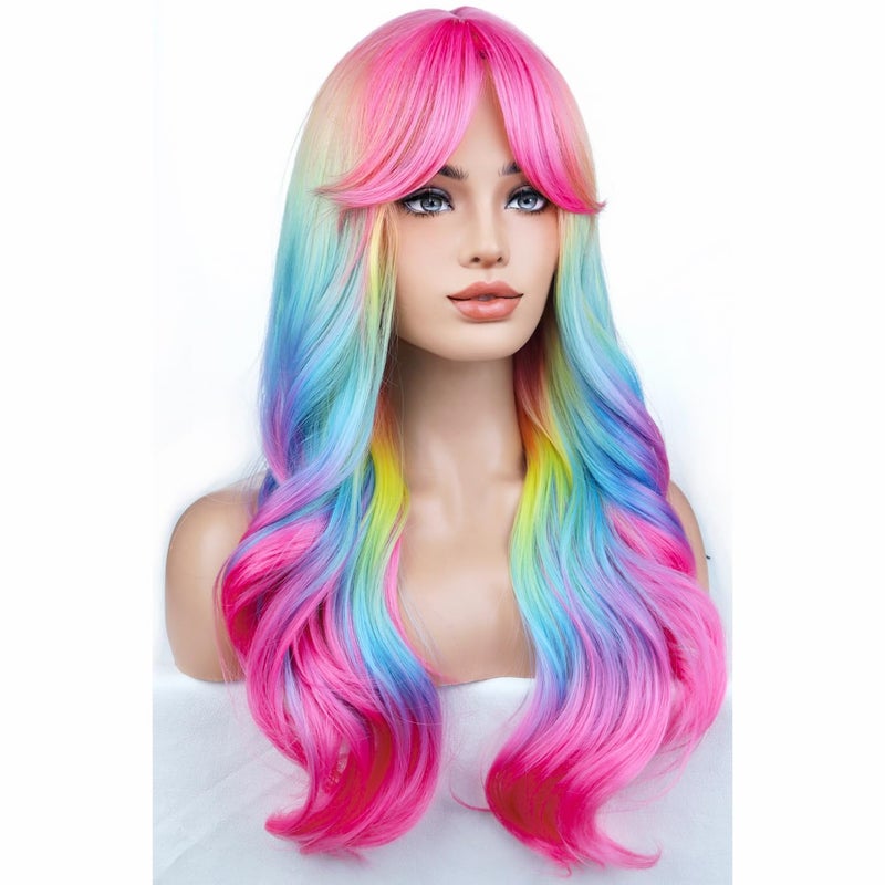 BERON Rainbow Ombre Wigs Long Wavy Wig for Women with Bangs Colorful Ombre Costume Curly Heat Resistant Synthetic Hair Wigs for Cosplay or Daily - Image 3
