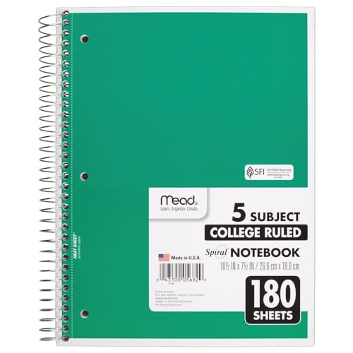 Mead Spiral Notebook, 5 Subject, College Ruled Paper, 180 Sheets, 10-1/2" x 8", Color Selected For You, 1 Count (05682) - Image 1