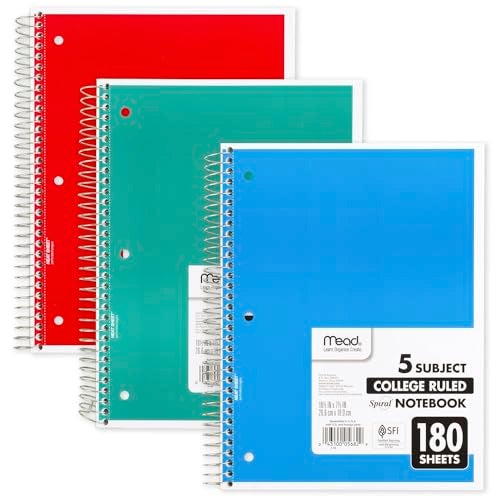 Mead Spiral Notebook, 5 Subject, College Ruled Paper, 180 Sheets, 10-1/2" x 8", Color Selected For You, 1 Count (05682) - Image 2