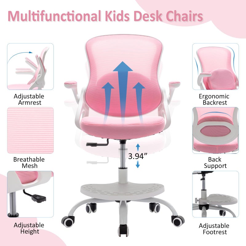 MINPINSER Kids Desk Chair,Ergonomic Study Chair with Adjustable Height,Swivel Mesh Desk Chair with Wheels,Home Office Chair for Children in Home Bedroom Pink - Image 3