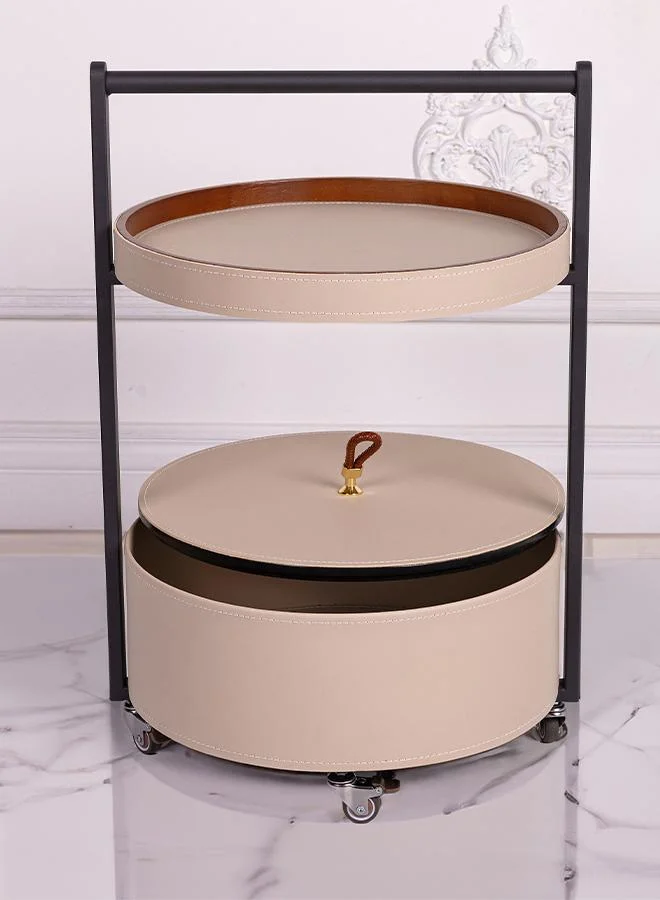 QUESERA Monda leather Accent side table/ BAR TABLE WITH STORAGE ON WHEELS - BEIGE BY QUESERA