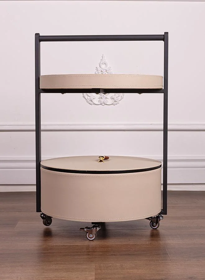 QUESERA Monda leather Accent side table/ BAR TABLE WITH STORAGE ON WHEELS - BEIGE BY QUESERA