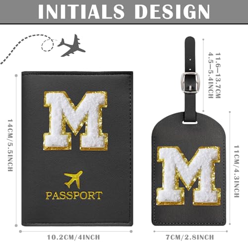 COSHAYSOO Black Initial Passport Cover Holder and Luggage Tag Set TSA Approved with Alphabet Chenille Letter Patch for Women Teenager Girls, PU Leather Traveling Bag Suitcase Identifier (M) - Image 4