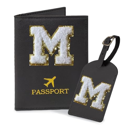 COSHAYSOO Black Initial Passport Cover Holder and Luggage Tag Set TSA Approved with Alphabet Chenille Letter Patch for Women Teenager Girls, PU Leather Traveling Bag Suitcase Identifier (M) - Image 1