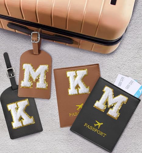 COSHAYSOO Black Initial Passport Cover Holder and Luggage Tag Set TSA Approved with Alphabet Chenille Letter Patch for Women Teenager Girls, PU Leather Traveling Bag Suitcase Identifier (M) - Image 5