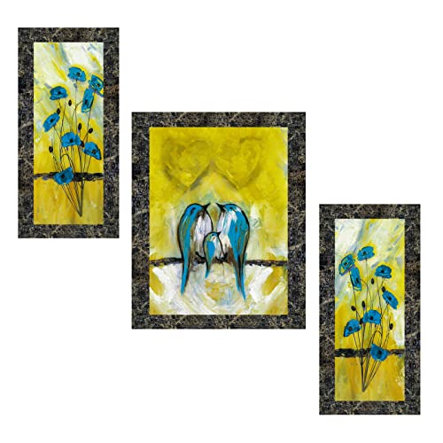 Indianara Set of 3 Abstract Birds and Flowers Framed Art Painting (1107MGY) without glass 6 X 13, 10.2 X 13, 6 X 13 INCH - Image 1