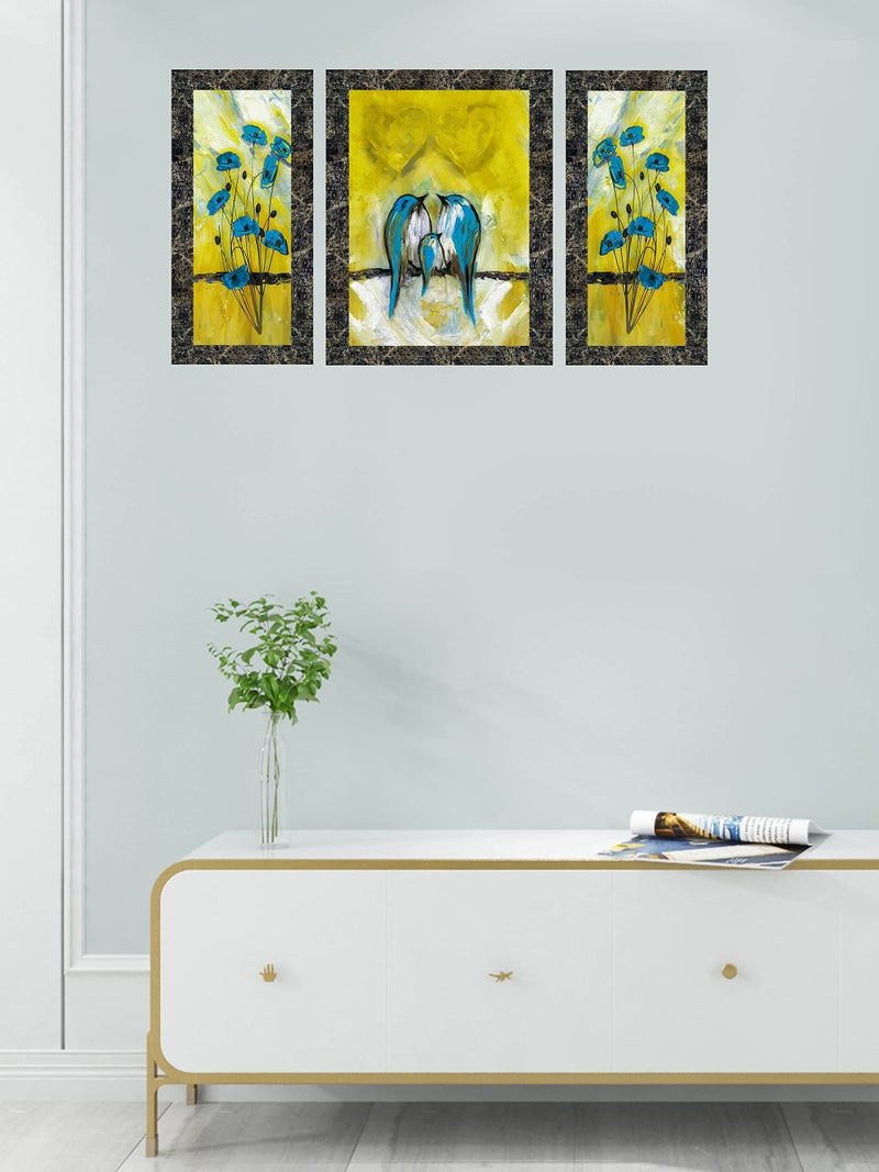 Indianara Set of 3 Abstract Birds and Flowers Framed Art Painting (1107MGY) without glass 6 X 13, 10.2 X 13, 6 X 13 INCH - Image 3