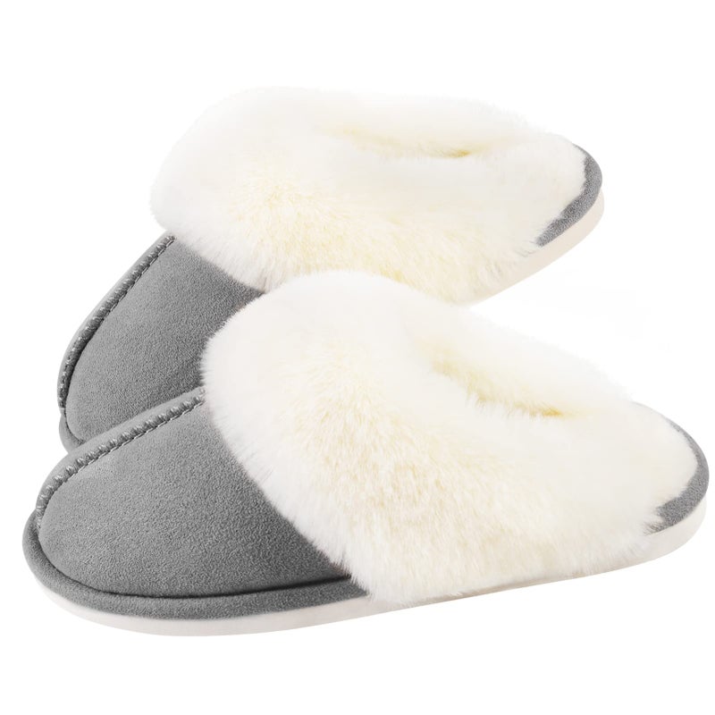Parlovable Women Slippers with Memory Foam, Fuzzy Warm Bedroom House Shoes, Fluffy Winter Indoor Outdoor Anti-Skid Sole Grey 5-6 - Image 1