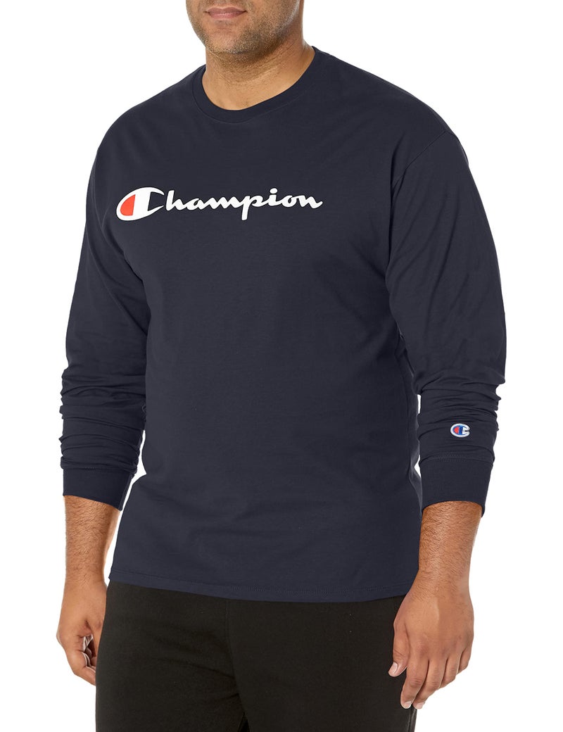 Champion mens Classic Long Sleeve Tee, Screen Print Script T Shirt, Navy-y06794, Medium US - Image 1
