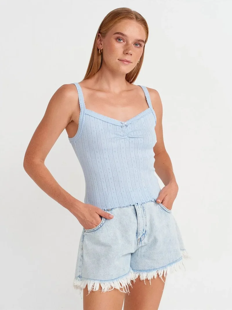 ديلفين Dilvin Cotton Ribbed Square-Neck Cami Blouse