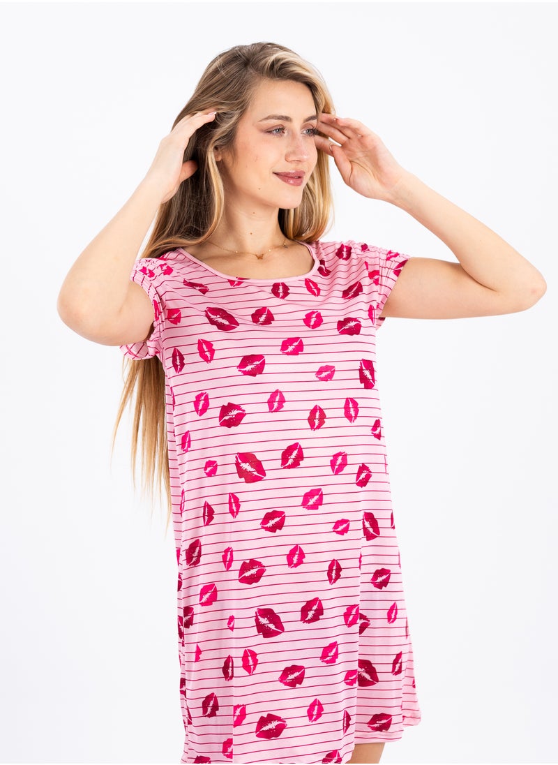 zecotex  - Printed Short Nightgown with Half Sleeves in Synthetic Fabric | Summer Dress & Night Outfit | Elegant Nightgown in Soft Synthetic Material - Image 1