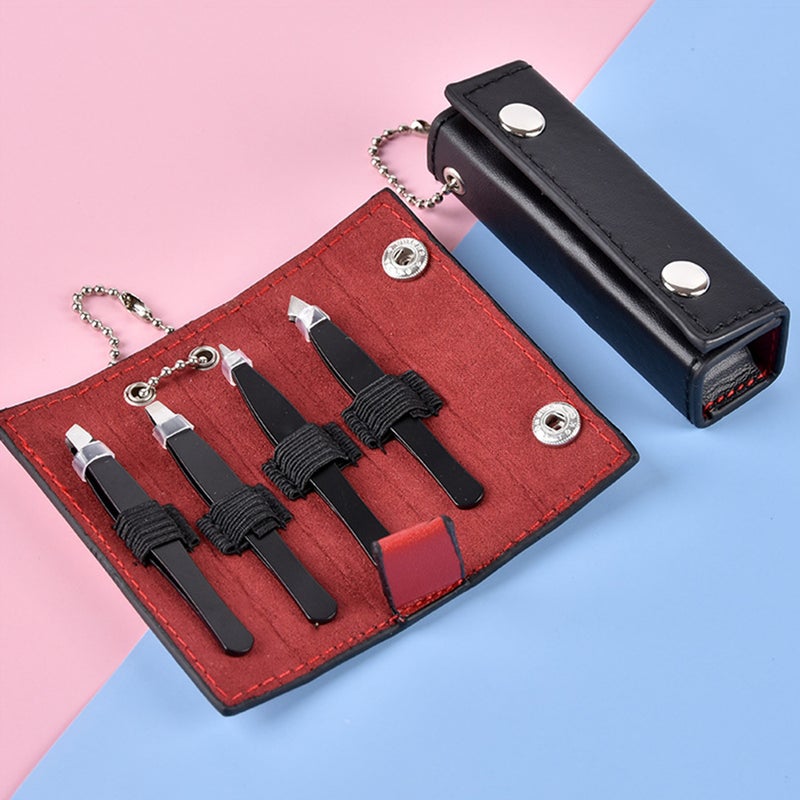 4Pcs Eyebrow Grooming Trimming Kit Ingrown Hair Removal Precision Stainless Steel Tweezers with Leather Case for Eyebrows - Image 2