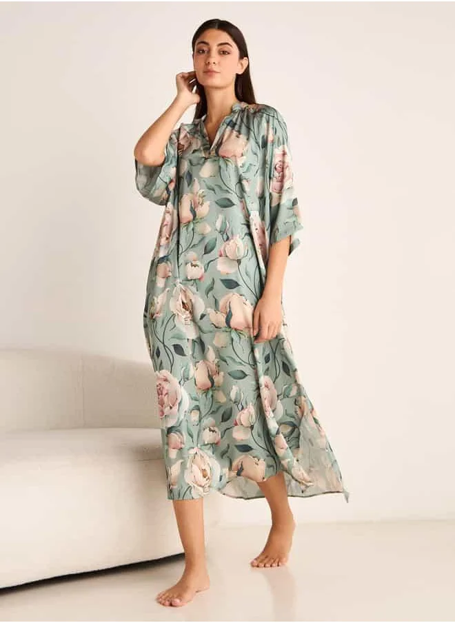 FAV Floral Print Night Dress with Collar and 3/4 Sleeves